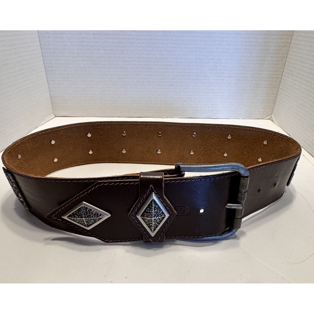 Wide Leather Belt El Vaquero Metal Embellished Sz 32 Western Festival  Statement